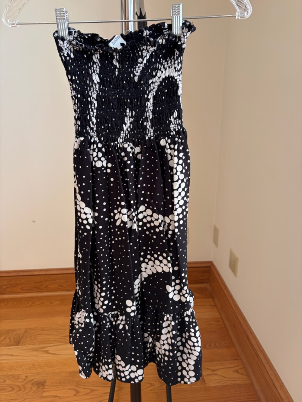 G H Bass Smocked Black & White Polka Dot Strapless Sun Dress